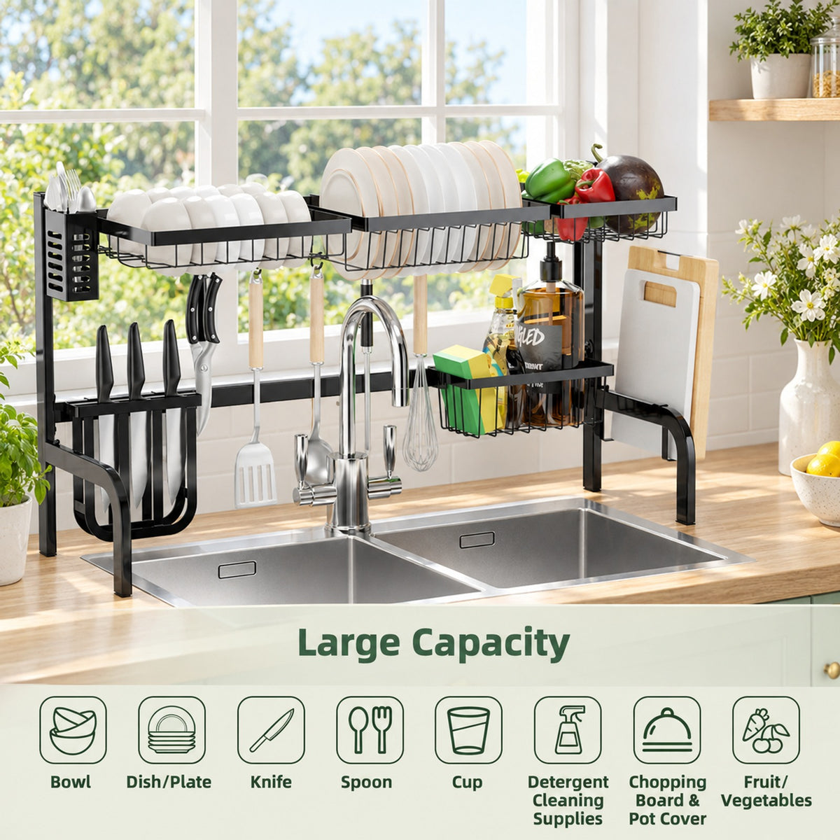 Airfind 2 Tier Adjustable Over Sink Dish Drying Rack with 8 Hooks, Steel Frame, Black, Overall dimension 21-39 x 12 x 21(L x