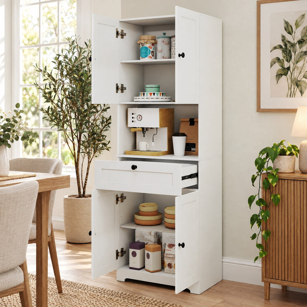 Airfind 67.5 Inch Tall Modern Freestanding Floor Storage Cabinet with 4 Doors and 1 Drawer, 243 lbs Capacity, MDF Engineered Wood Frame, White