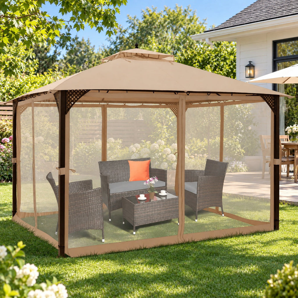 Airfind 12 x 10 Feet Outdoor Double Top Patio Gazebo with Netting, Polyester steel Frame, 12 x 10 x 9.5 Footprint, Brown