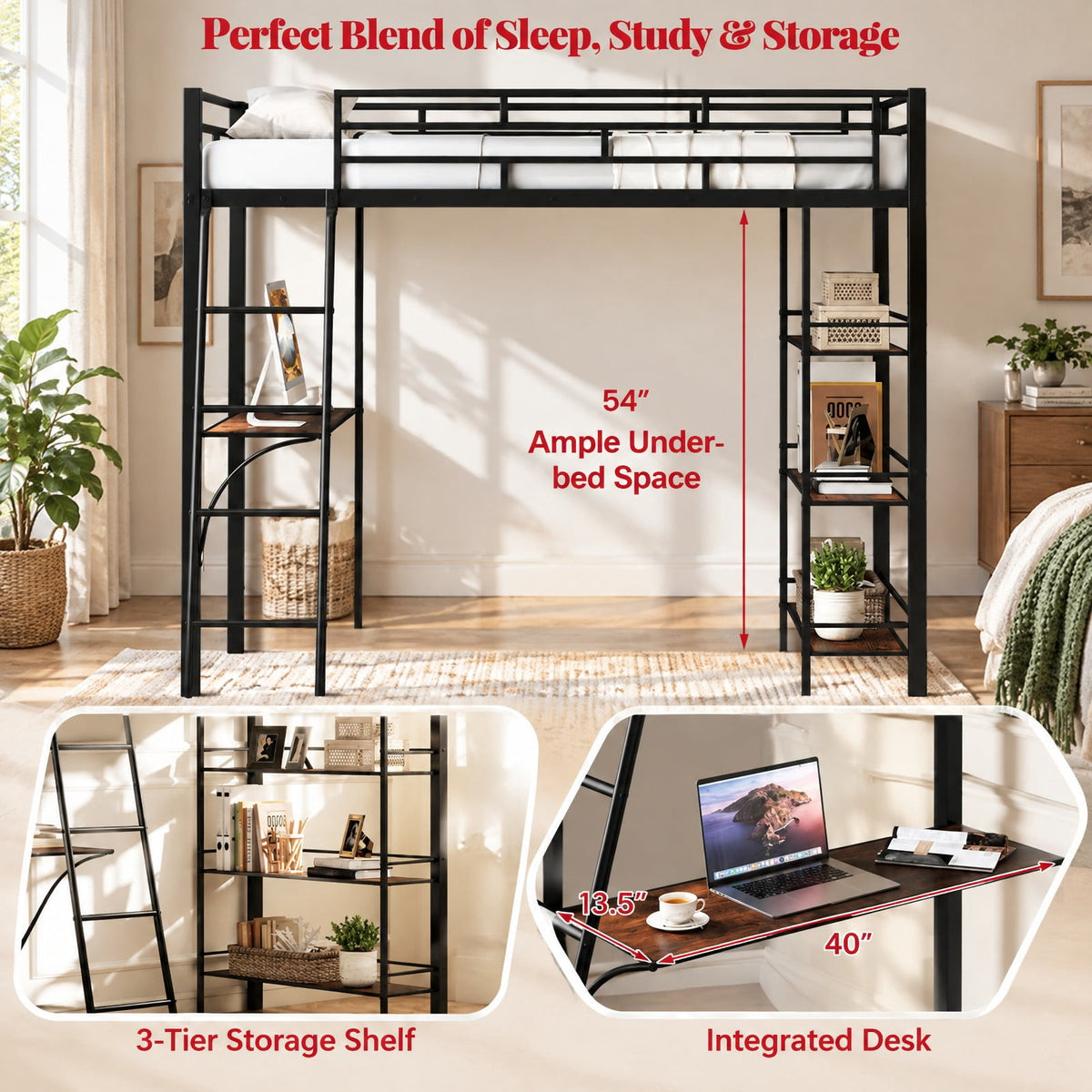Airfind Twin Size Loft Bed with Desk and Shelves for Kids and Home, 440 lbs Capacity, Metal MDF Frame, 78 x 55.5 x 66.5 Footprint, Black