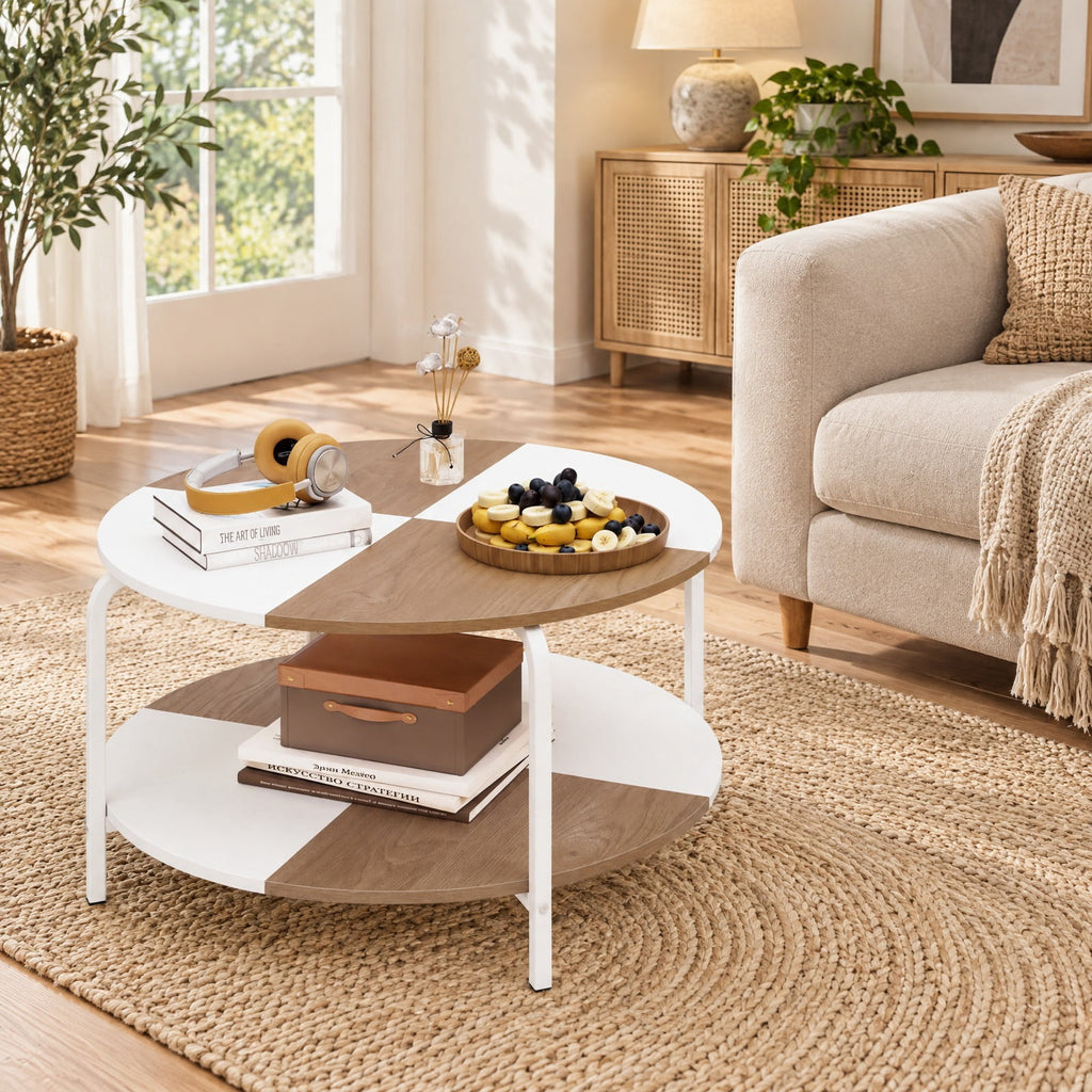 Airfind 2-Tier Round Coffee Table Metal Frame with Storage Shelf-Natural and White, 220 lbs Capacity, Engineered Wood Metal Frame, Coffee