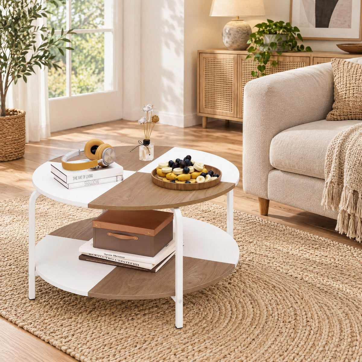 Airfind 2-Tier Round Coffee Table Metal Frame with Storage Shelf-Natural and White, 220 lbs Capacity, Engineered Wood Metal Frame, Coffee