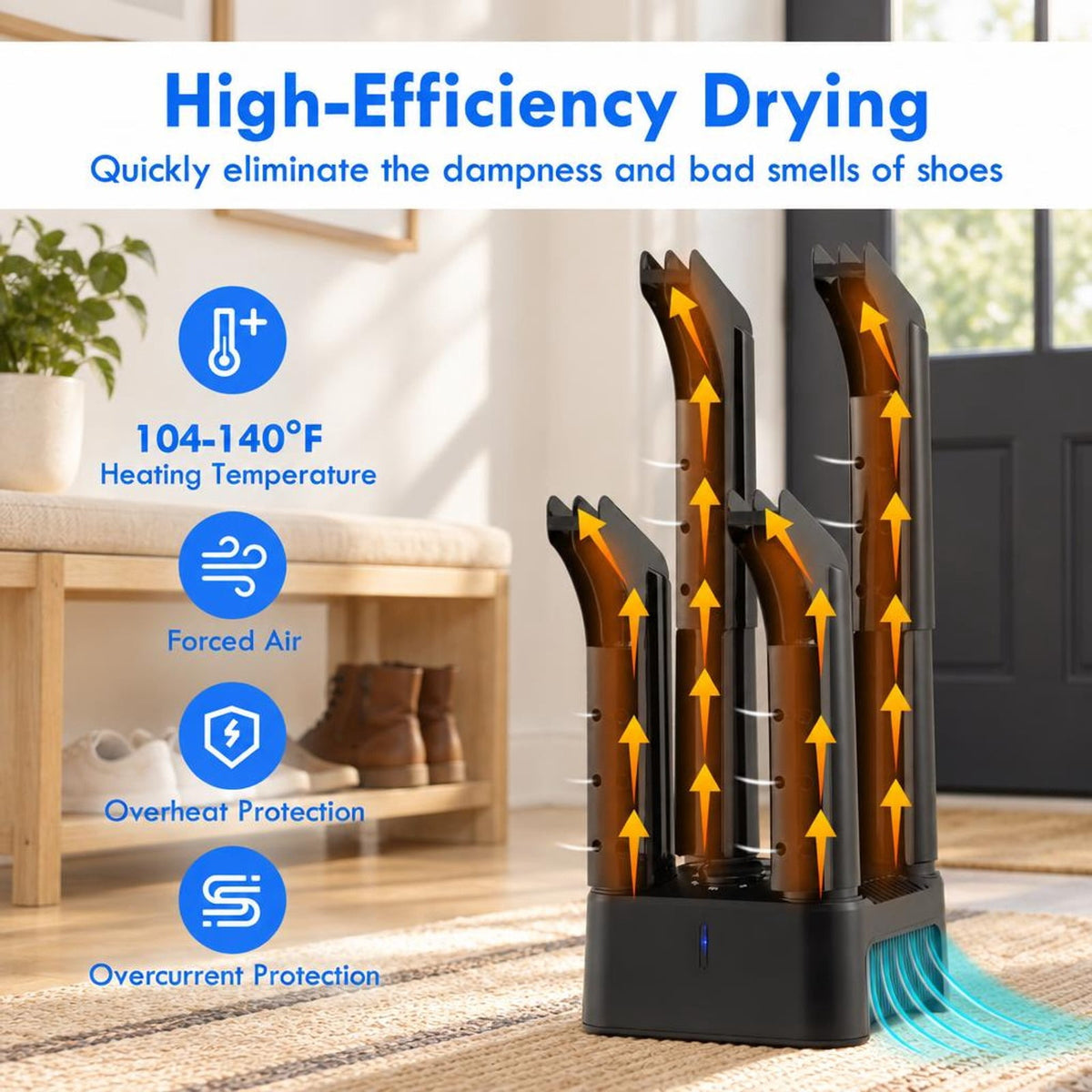 Airfind Prevent Odor Mold and Bacteria 4 Shoe Electric Dryer with Timer, 9 Inch x 9 Inch x 23 Inch Rated Footprint, Why Wait for Such an Essential Device, Black