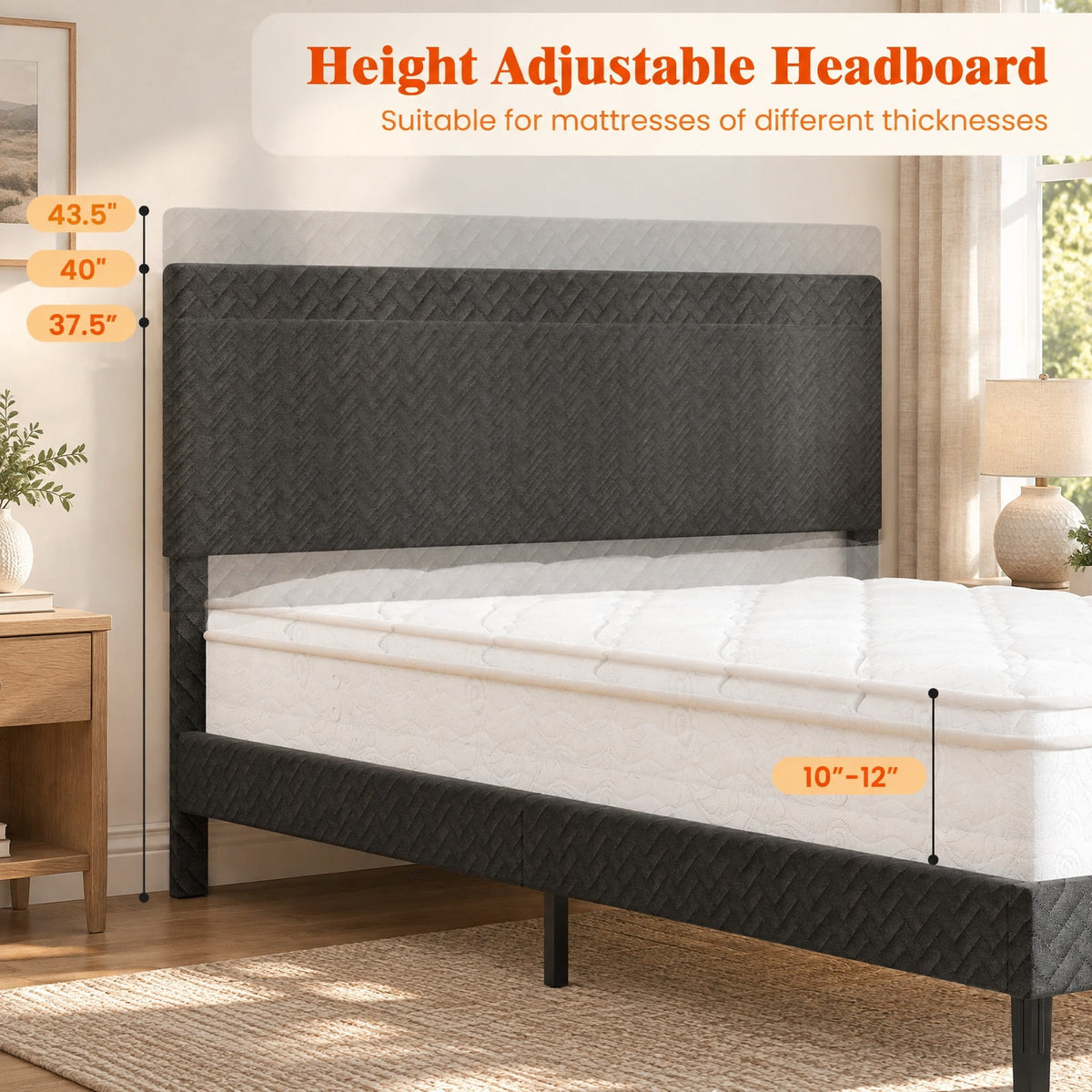 Airfind Twin/Full/Queen Size Velvet Bed Frame Upholstered Platform Bed with Chevron Headboard Gray, 500 lbs Capacity, Velvet Frame, Gray