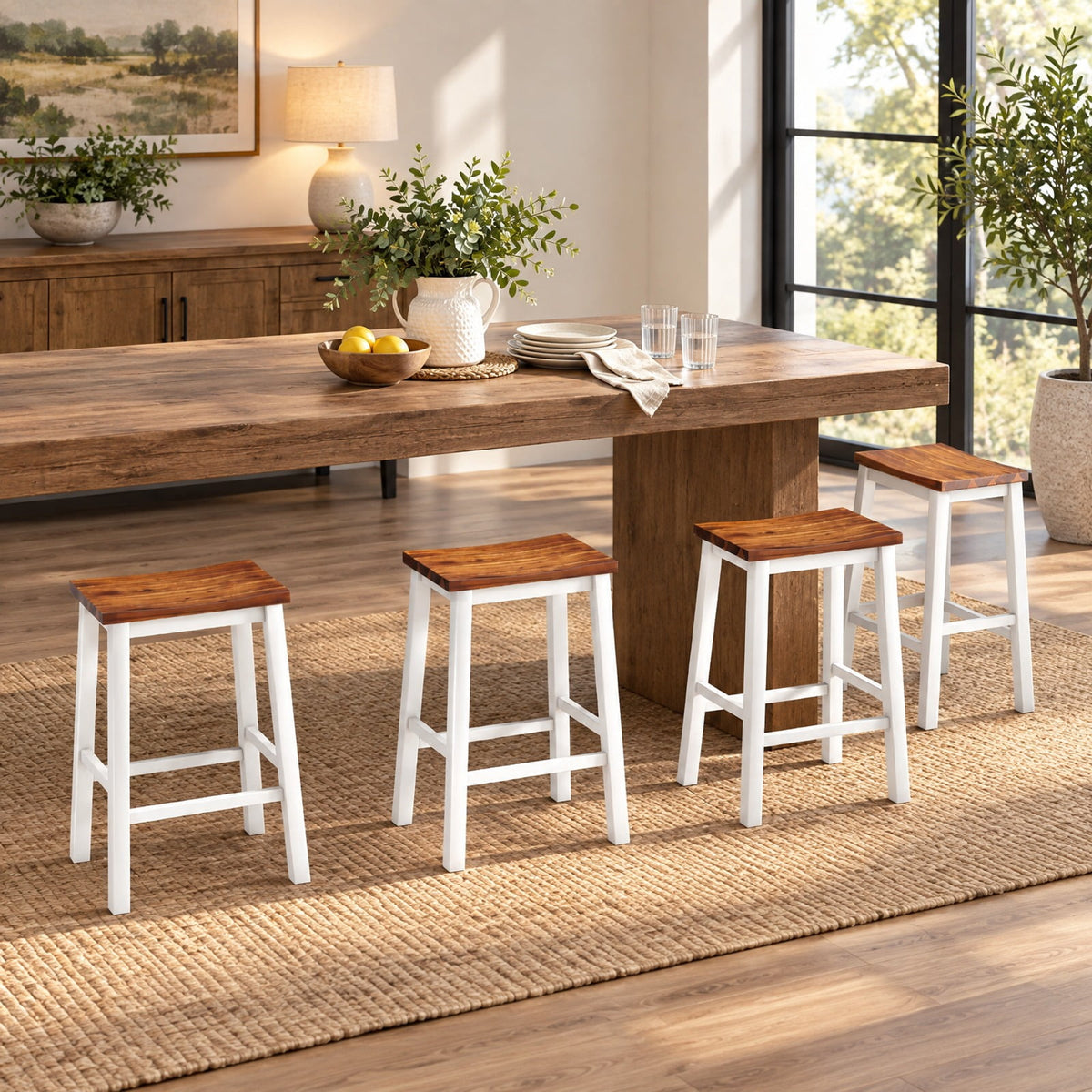 Airfind 24.5-Inch Set of 4 Saddle Stools Bar Stools with Footrests for Kitchen Island-Walnut and Gray, 350 lbs Capacity, Rubber Wood Acacia Wood Frame