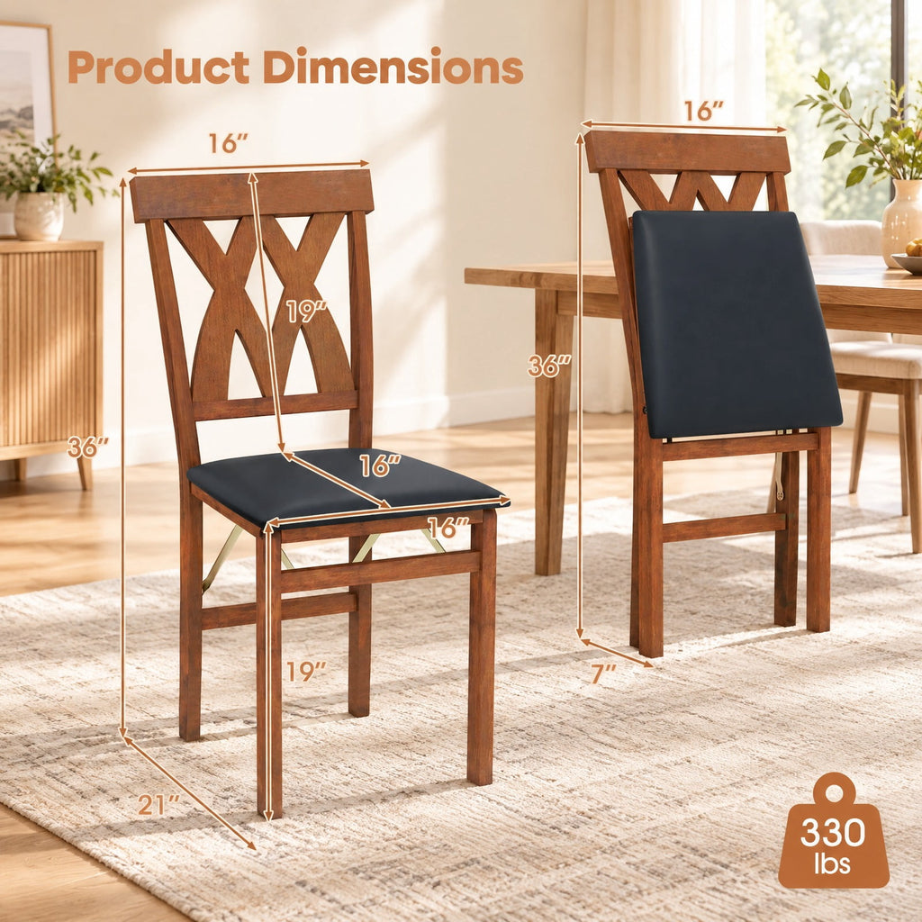 Airfind Folding Wooden Dining Chair Set of 2 Faux Leather Upholstered Kitchen Armless Chairs, 330 lbs Capacity, 16 Inch x 21 Inch x 36 Inch Footprint, Walnut