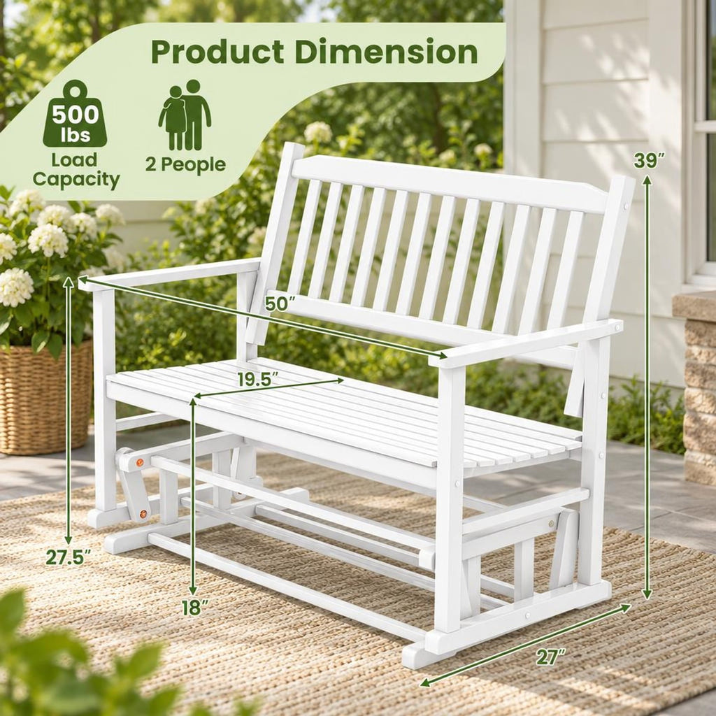Airfind 2 Seats Outdoor Glider Bench with Armrests and Slatted Seat, 500 lbs Capacity, Poplar Wood Frame, 50 x 27 x 39 Footprint, White