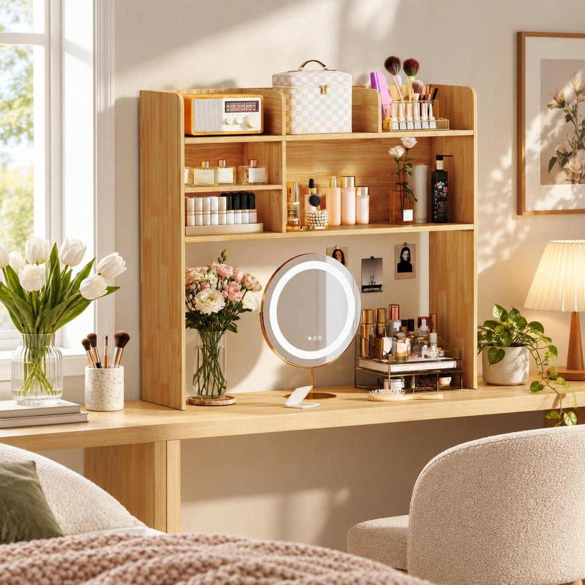 Airfind Desktop Bookshelf Countertop Storage Hutch with 6 Shelves, of Top Tier 66 lbs Capacity, Engineered Wood MDF Frame, Beige