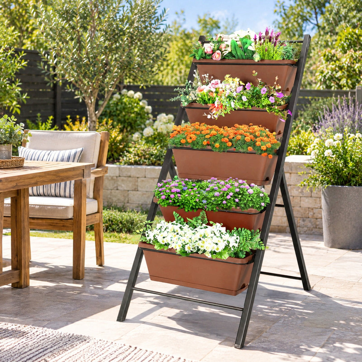 Airfind 5-tier Vertical Garden Planter Box Elevated Raised Bed with 5 Container, PP Iron Frame, 22.5 x 29 x 48.5 Footprint, Brown