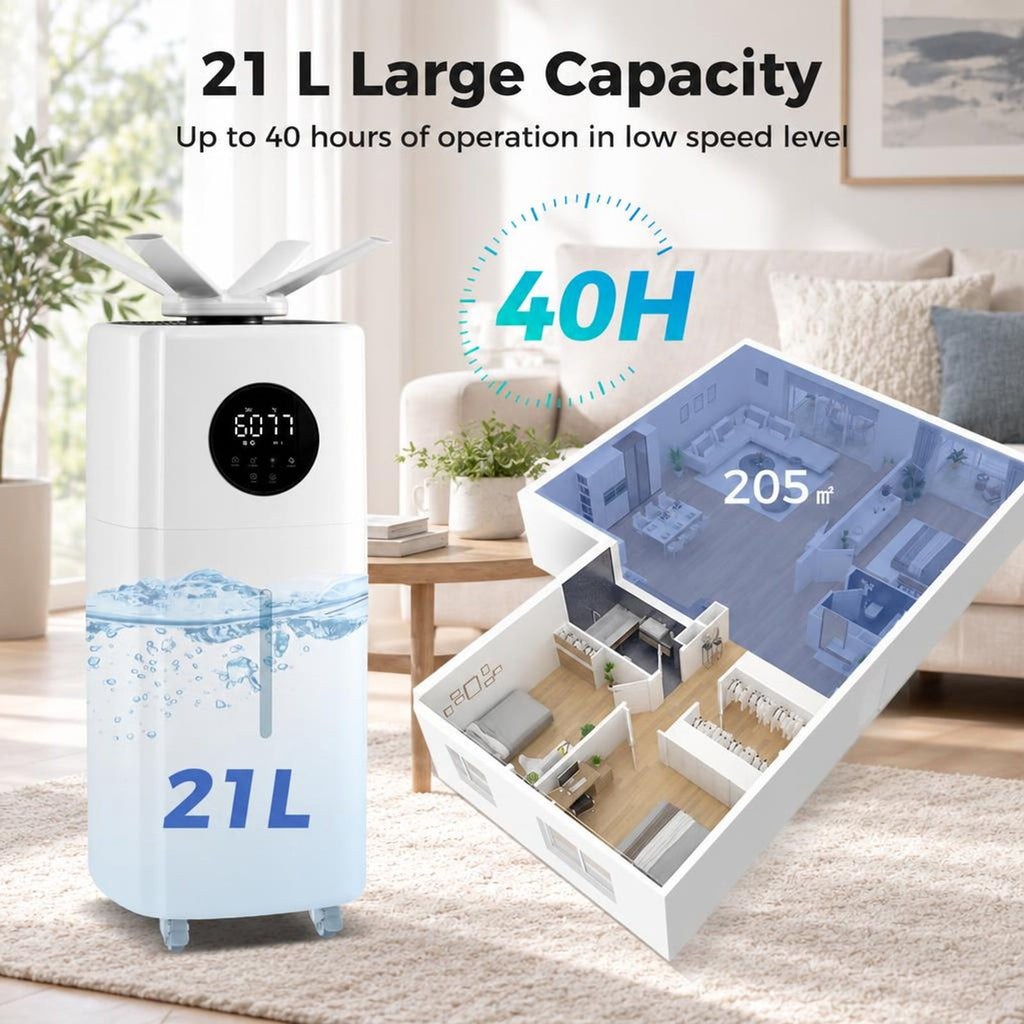 Airfind 5.5Gal Humidifier with 360° Nozzles and Wheels for Large Room, ABS Frame, White, Auto shut down when the water tank is full
