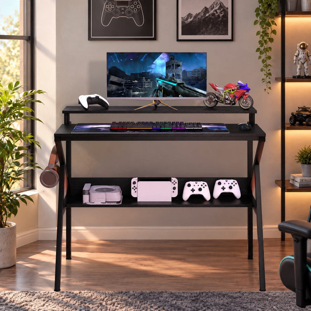 Airfind Space Saving Computer Desk with Monitor Stand and Extra Storage Shelf for Work Study, 200 lbs Capacity, Engineered Wood Metal Frame, Black