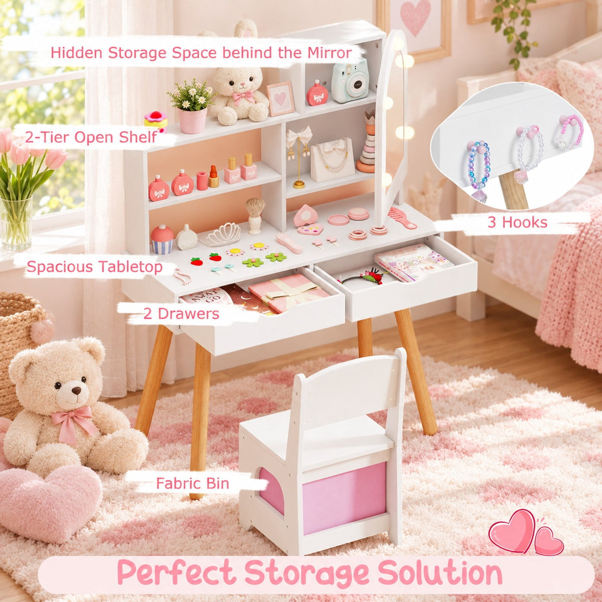 Airfind Kids Vanity Set Pretend Play Dressing Table Set with 3-Color Lighting Modes Adjustable Brightness and Mirror Cabinet, 44 lbs Capacity, White