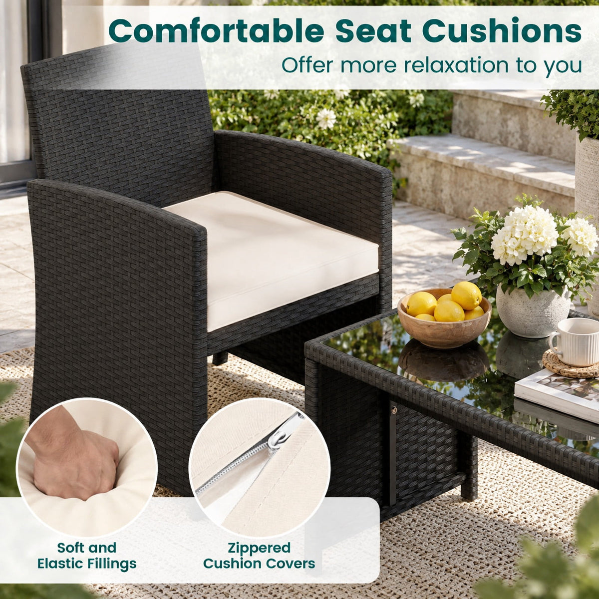 Airfind 4 Pieces Patio Furniture Set with Tempered Glass Tabletop and Removable Cushion, 400 lbs Capacity, Rattan Steel Sponge Frame, White