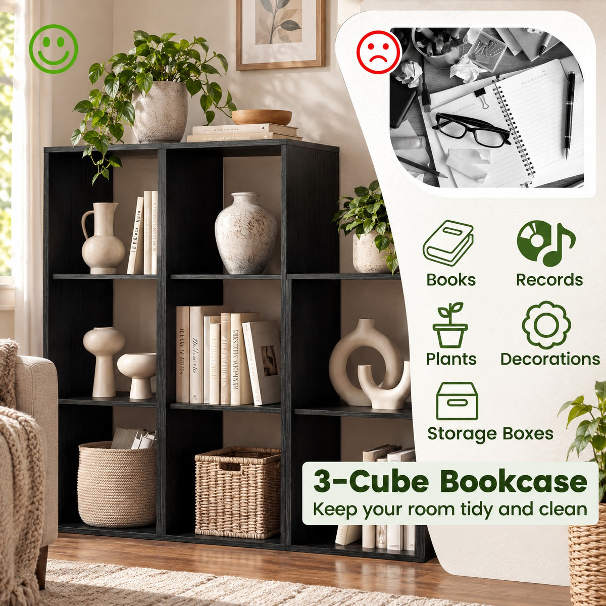 Airfind 3 Cube Bookshelf with Back Guardrail for Living Room Bedroom, Engineered Wood Frame, 14 Inch x 13 Inch x 41 Inch Depth of Bottom Shelf 12 Inch Footprint