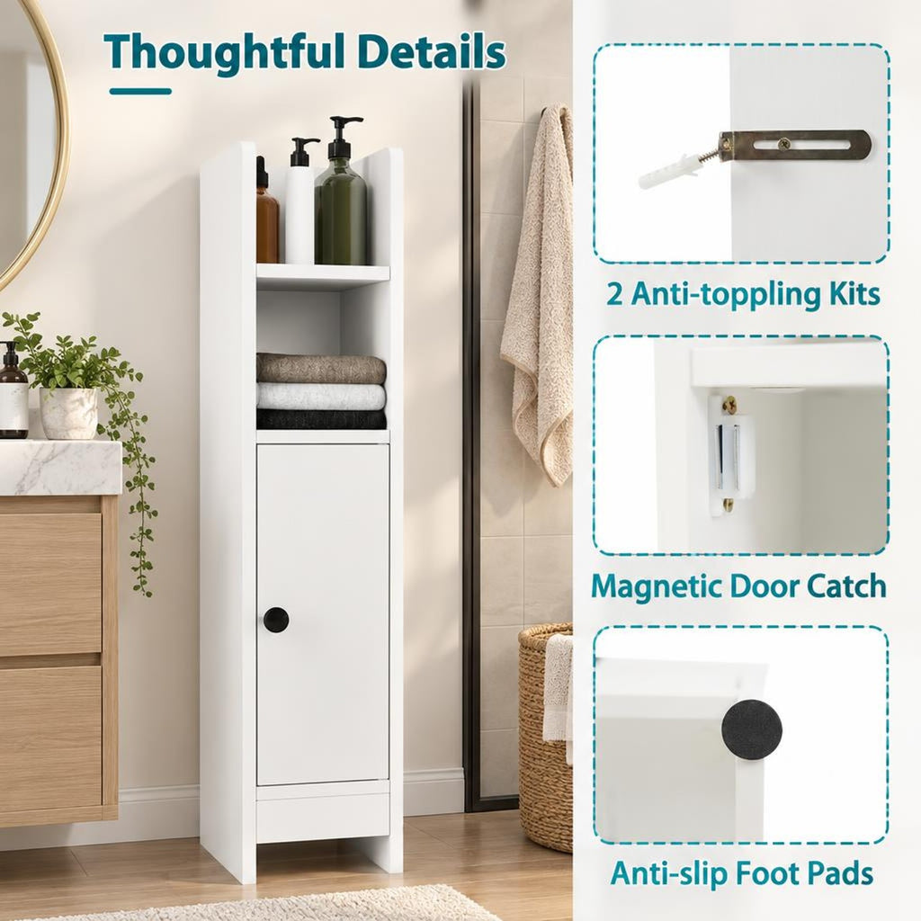 Airfind Bathroom Slim Cabinet Corner with Door and Adjustable Shelf, 44 lbs Capacity, Engineered Wood Frame, White