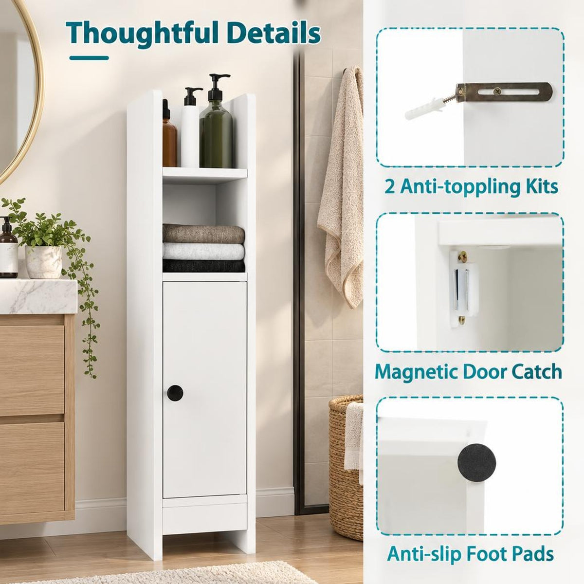 Airfind Bathroom Slim Cabinet Corner with Door and Adjustable Shelf, 44 lbs Capacity, Engineered Wood Frame, White