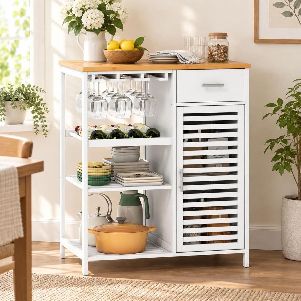 Airfind Coffee Bar Cabinet with Glass Holder Wine Rack and Bamboo Top, White, Smooth painted surface for easy maintenance