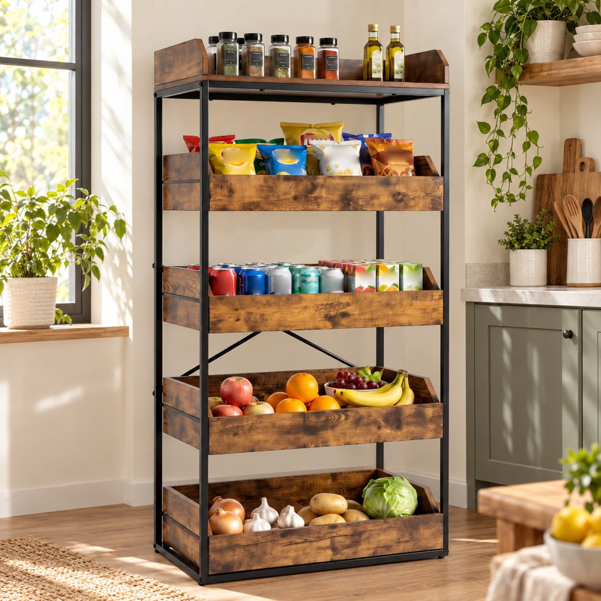 Airfind 5, Tier Food Storage Rack with 4 Pull, out Drawers and Adjustable Feet, Rustic Brown, Assembly needed, for Everyday Home Use