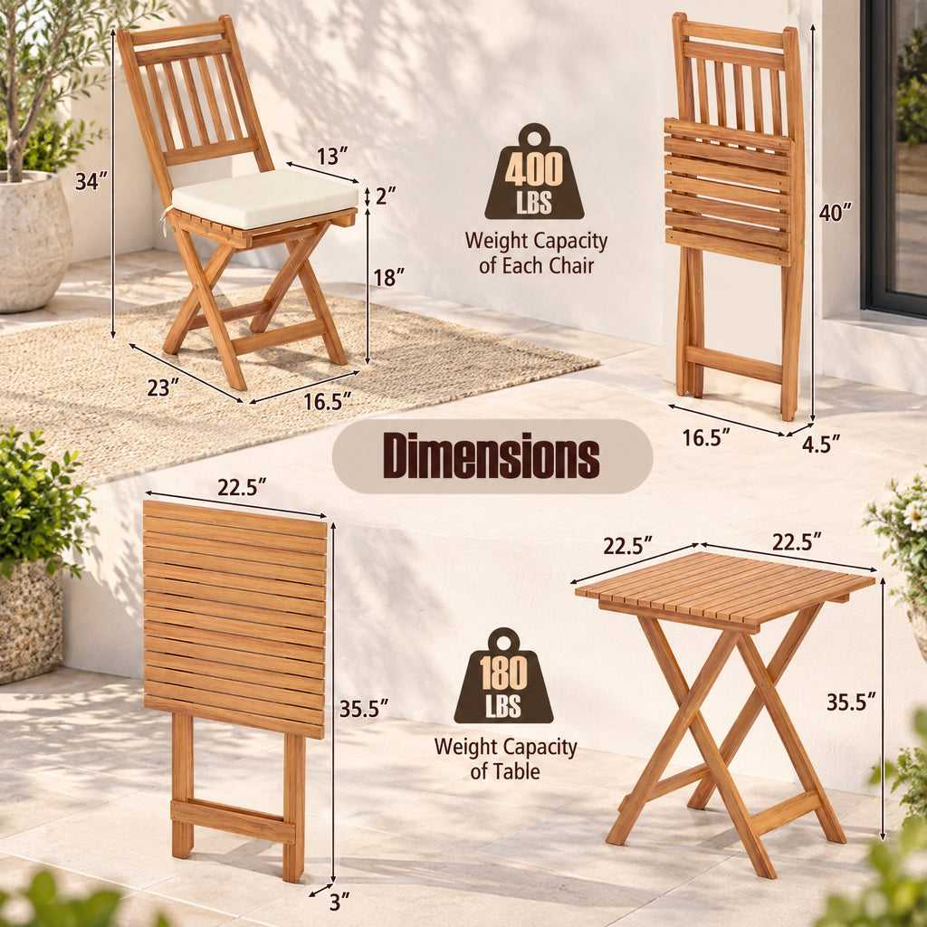 Airfind Outdoor Wood Bistro Set with Soft Seat Cushions and Table, Chair 400 lbs Capacity, Acacia Wood Polyester Sponge Frame, White