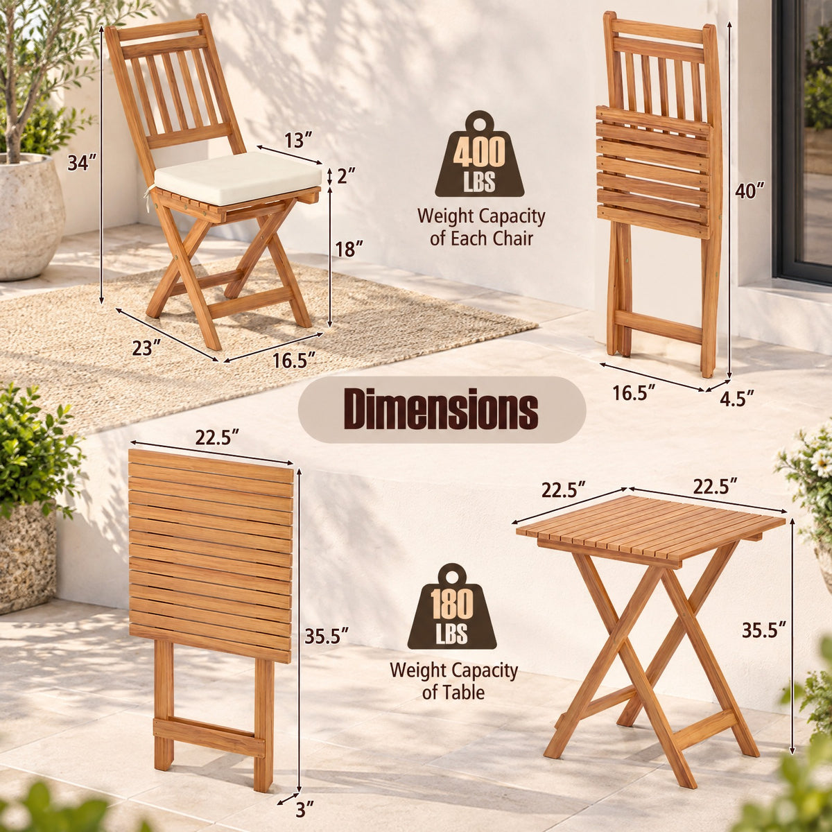 Airfind Outdoor Wood Bistro Set with Soft Seat Cushions and Table, Chair 400 lbs Capacity, Acacia Wood Polyester Sponge Frame, White