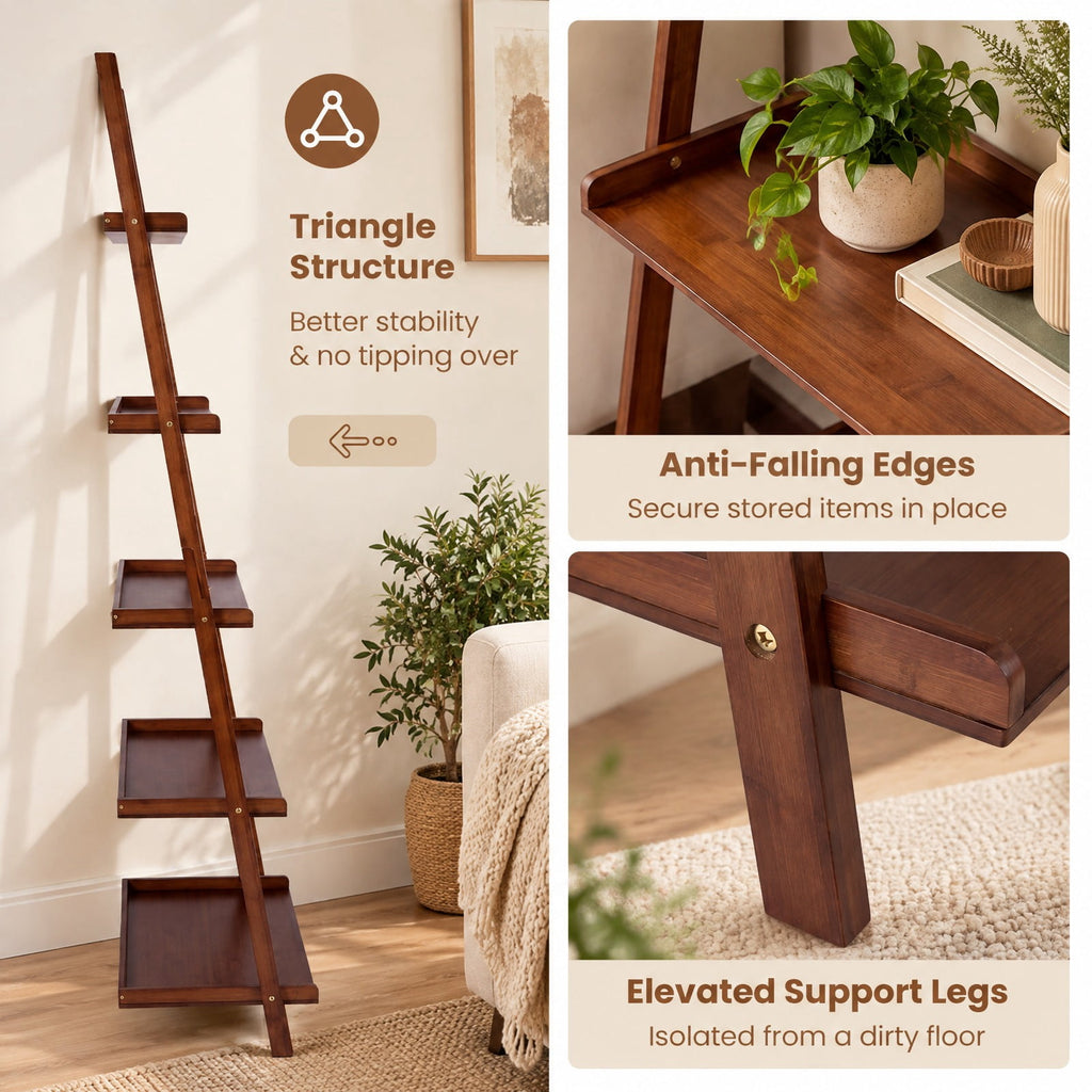 Airfind 5-Tier Ladder Shelf Bamboo Bookshelf Wall-Leaning Storage Display Plant Stand, Bamboo Frame, Walnut