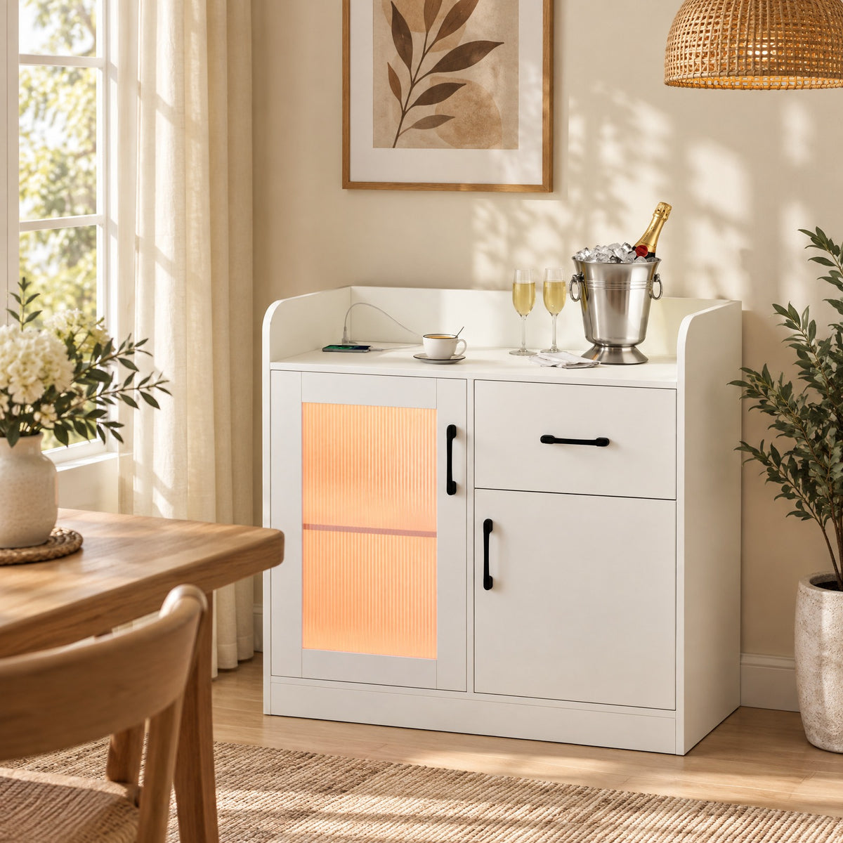 Airfind LED Buffet Sideboard with Charging Station with Drawer and Translucent Fluted Door, 110 lbs Capacity, Engineered Wood MDF PC Frame, White