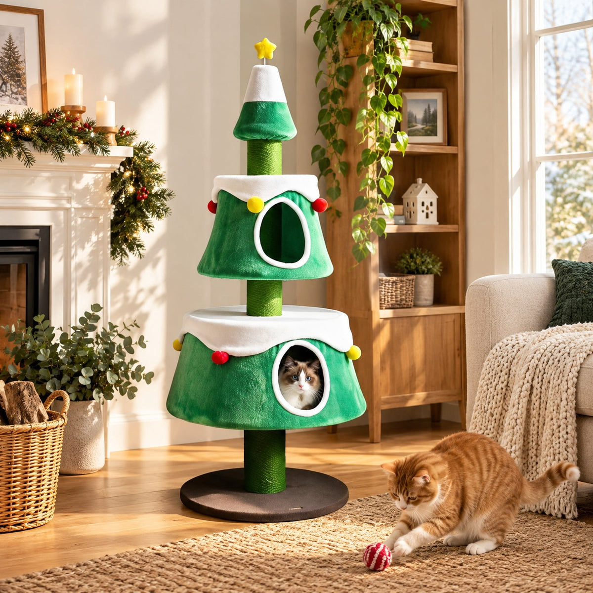 Airfind 61.5in Cat Christmas Tree for Indoor Kittens with 2 Large Condos Star Spring Toy and Decorative Balls, Green