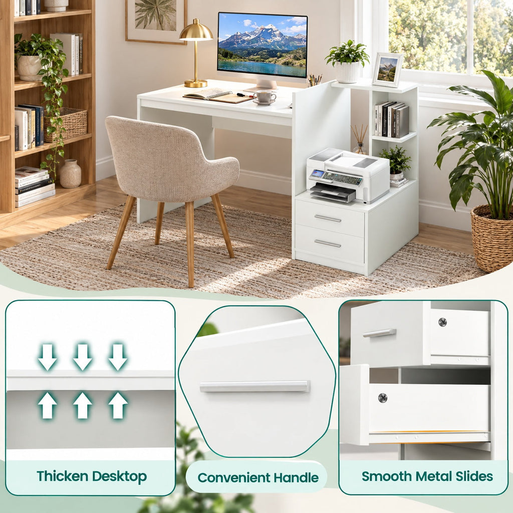 Airfind Computer Desk Home Office with Bookshelf and Drawers, 110 lbs Capacity, MDF Frame, 51 x 24 x 35.5 Footprint, White