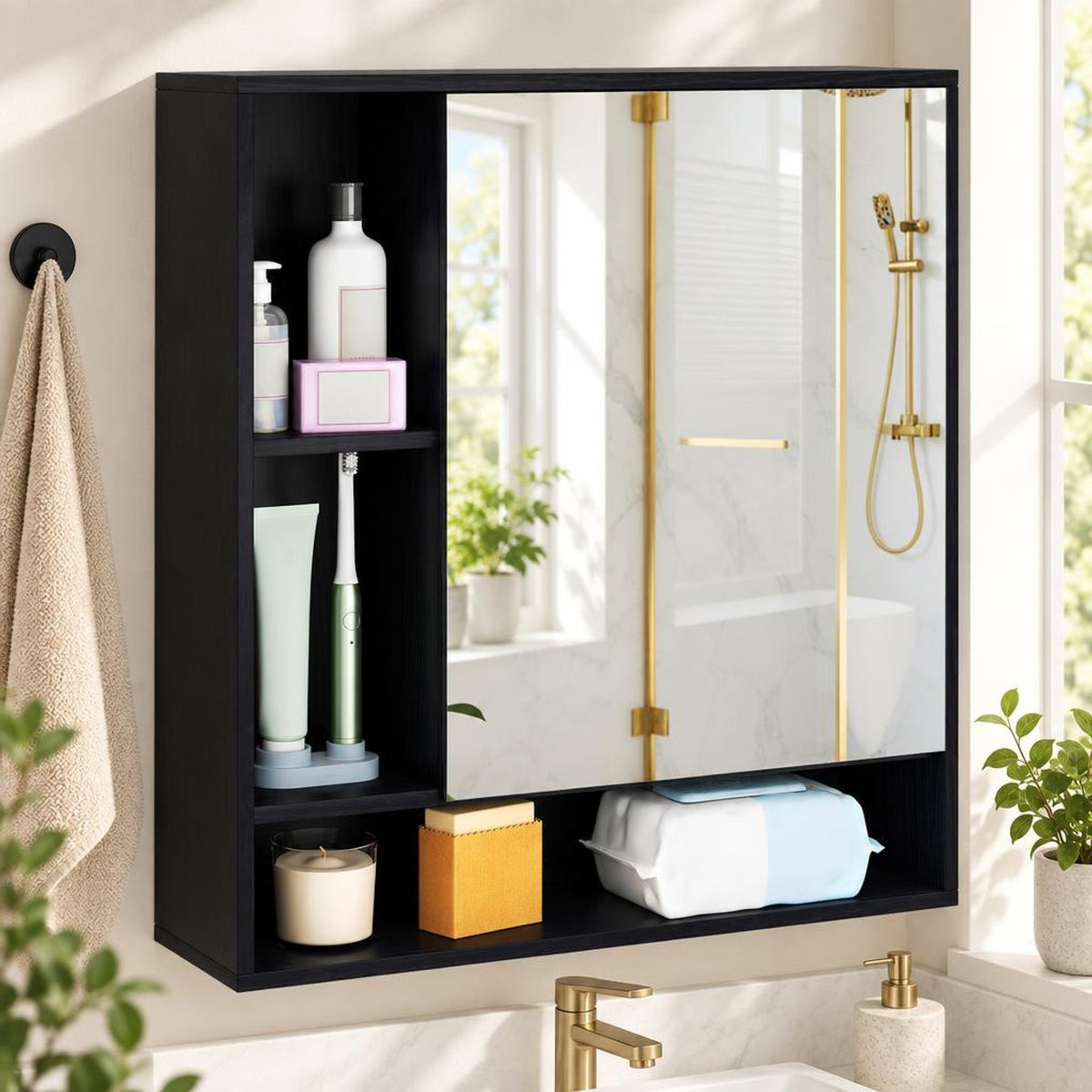 Airfind Wall Mounted Bathroom Cabinet with Mirror Single Door, 176 lbs Capacity, Glass MDF Engineered Wood Frame, 21.5 Inch x 6.5 Inch x 24 Inch Footprint