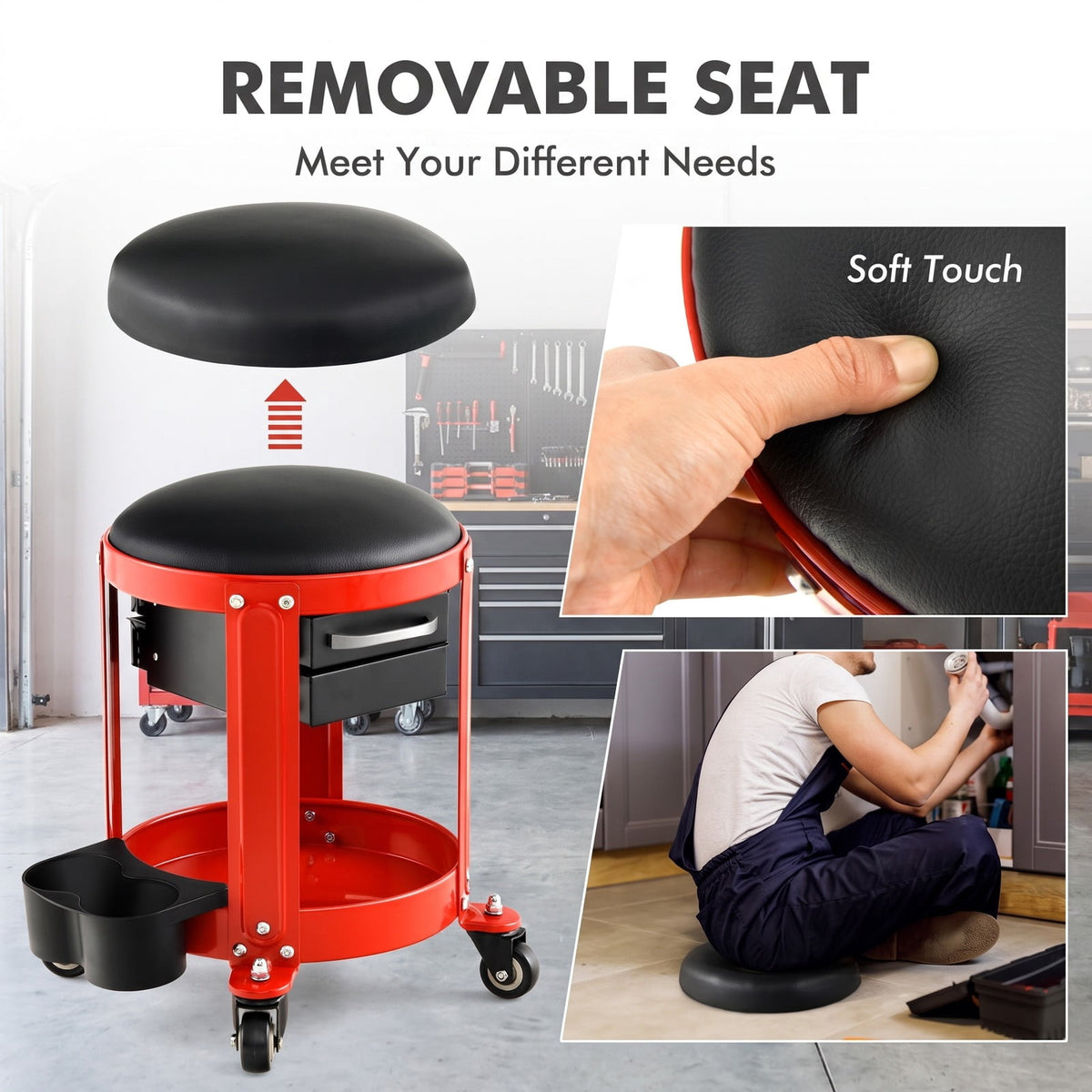 Airfind Rolling Mechanic Stool with Removable Padded Seat and Drawers, 330 lbs Weight Capacity of Tool Tray: 155 lbs Capacity, 16 x 17 Footprint