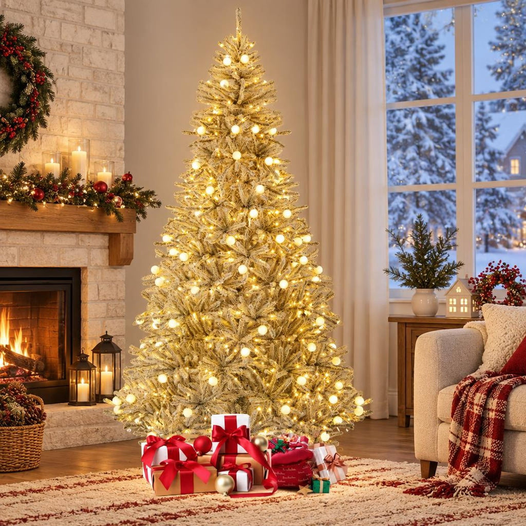 Airfind 8 Feet Snow-flocked Artificial Christmas Tree Pre-lit Hinged with 81 Sphere Lights and Remote, Green White