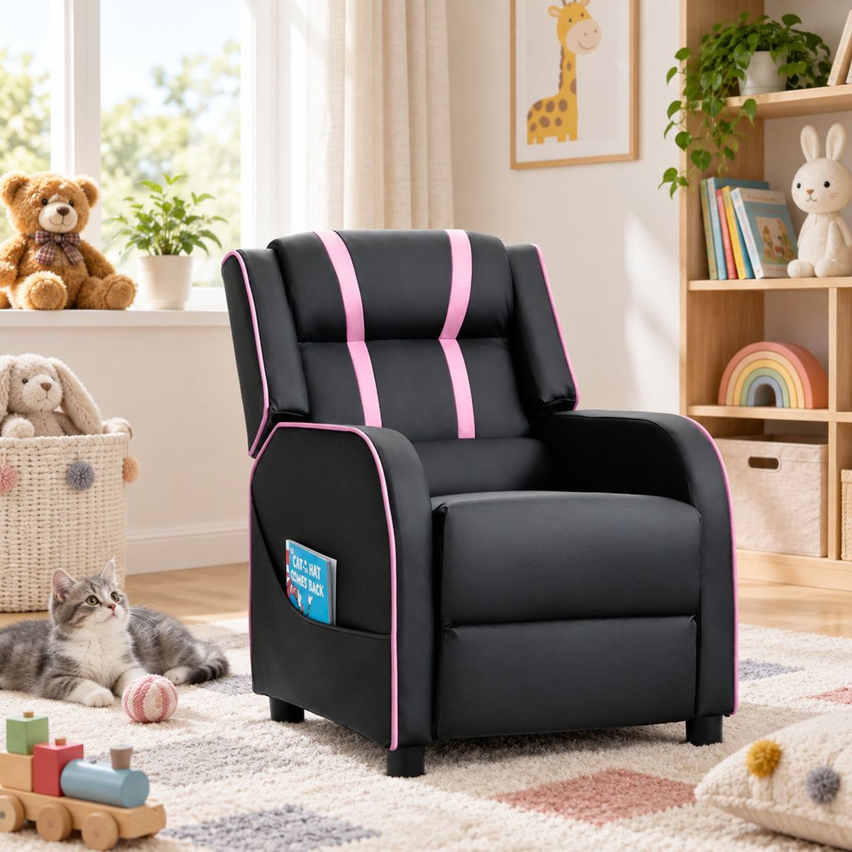 Airfind Kids Recliner Chair with Side Pockets and Footrest, 110 lbs Capacity, Sponge PU leather wood steel plastic Frame, Pink