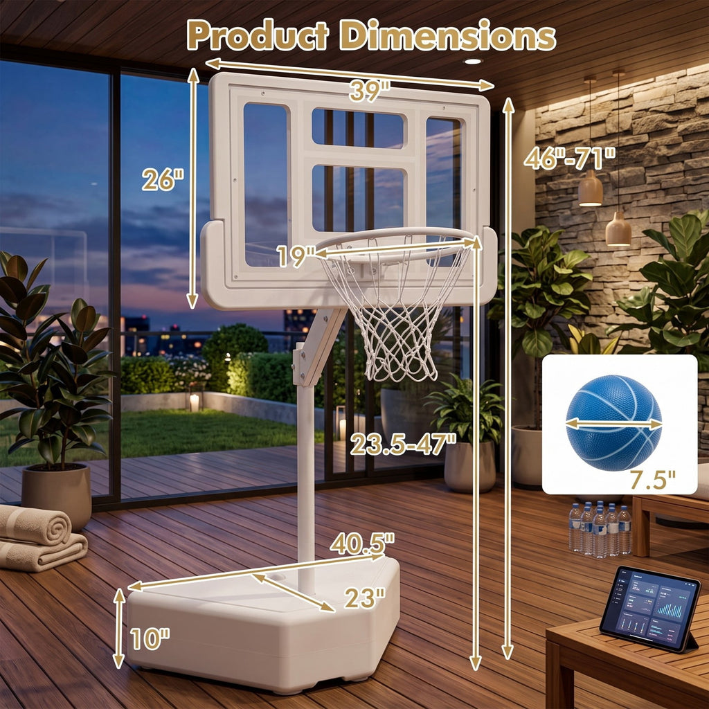 Airfind Poolside Basketball Hoop System, Adjustable Height Pool Basketball Set with 2 Water Balls and Pump, Metal PC Backboard for Swimming Pool Outdoor Family, White