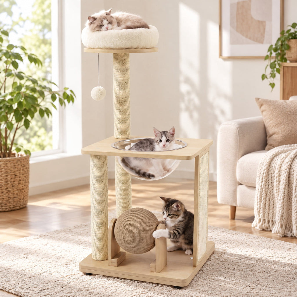 Airfind 40 Inch Solid Wood Cat Tree featuring Space Capsule and Sisal Posts and Scratching Board, 23.5 Inch x 21 Inch x 40 InchBase Footprint, Natural