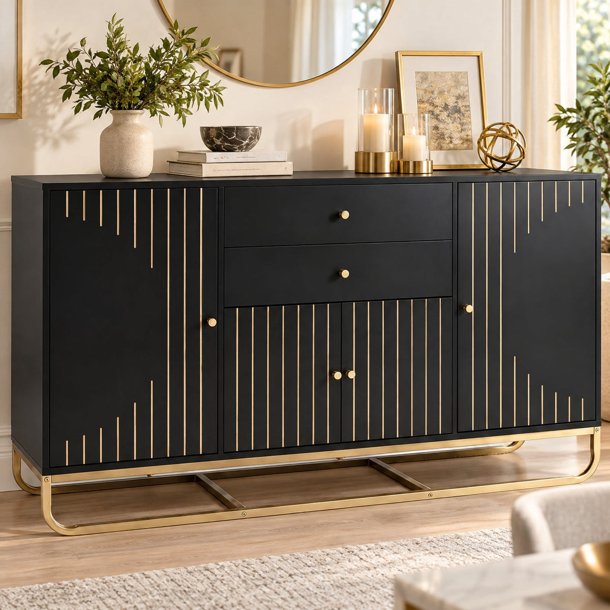 Airfind Modern Buffet Sideboard Cabinet w/ 2 Drawers Adjustable Shelves for Dining Room, 176 lbs Capacity, Engineered Wood Metal Frame, White