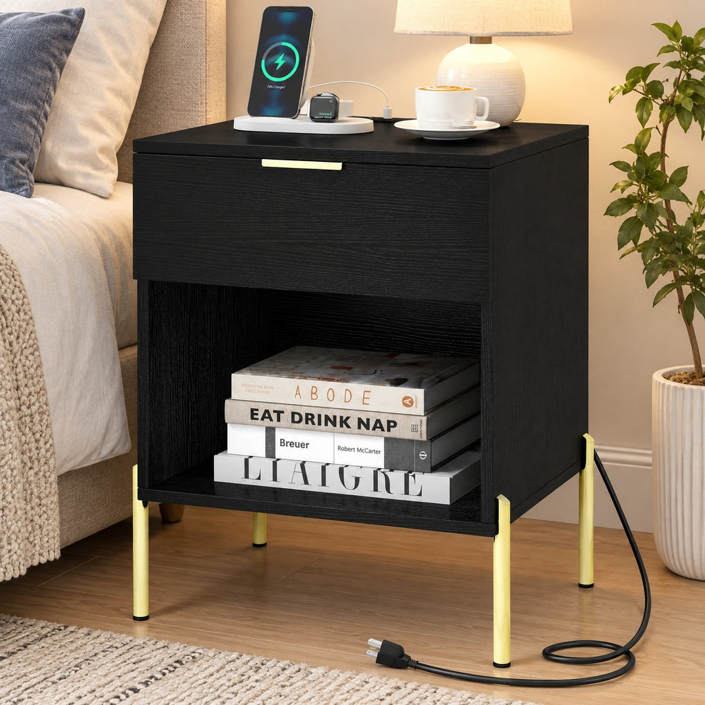 Airfind Modern Nightstand with Charging Station, Engineered Wood Metal MDF Frame, 18in x 16in x 23in Interior Footprint, Black