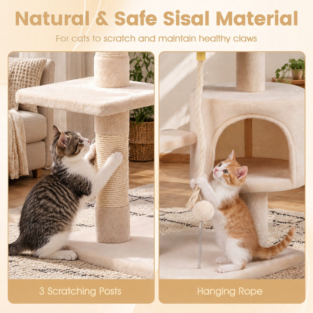 Airfind 36 Inch Tall Kitten Tower with Condo and Plush Perch, 22 Lbs Capacity, Engineered Wood Sponge Plush Fabric Sisal Base, Beige