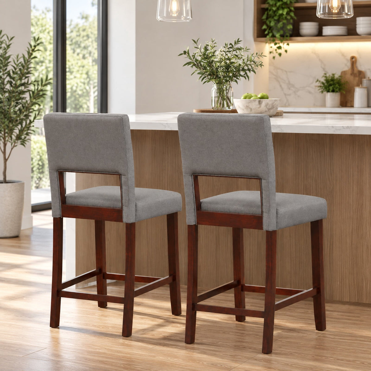 Airfind 2 Piece Bar Chair Set with Hollowed Back and Rubber Wood Legs, 400 lbs Capacity, Rubber Wood Acacia Wood Sponge PVC Leather Frame, Gray