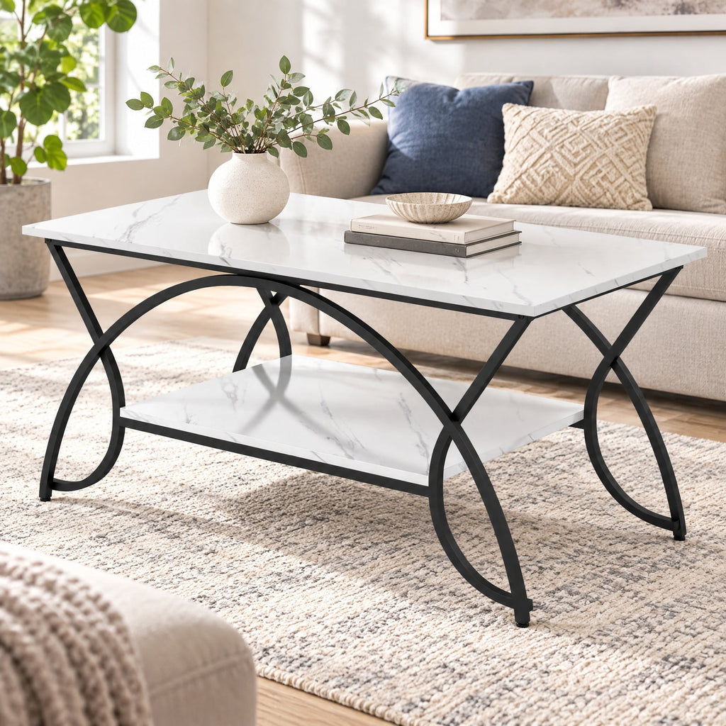 Airfind 2-Tier Faux Marble Coffee Table with Marble Top and Metal Frame, 110 lbs Capacity, Engineered wood steel Frame, Black White