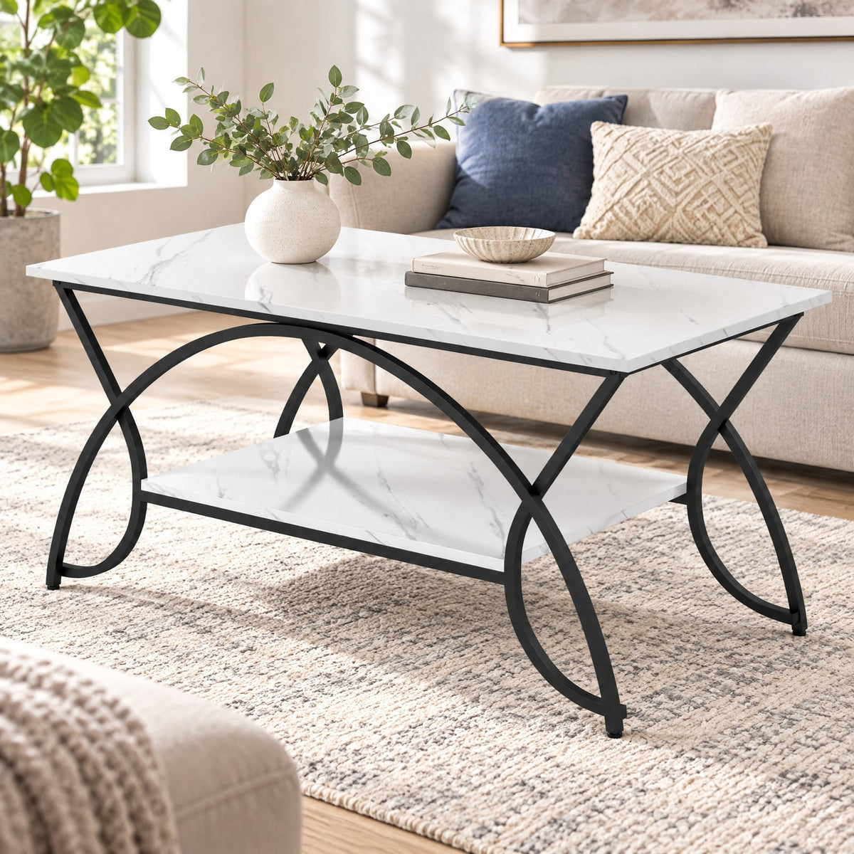 Airfind 2-Tier Faux Marble Coffee Table with Marble Top and Metal Frame, 110 lbs Capacity, Engineered wood steel Frame, Black White