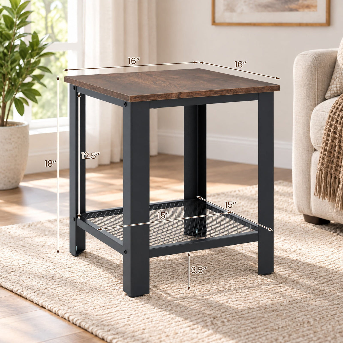 Airfind Industrial End Table 2-Tier Side Table, 55 lbs Capacity, Wood iron, 16 Inch x 16 Inch x 18 Inch (L x W x H) Product weight: 12 lbs, Black