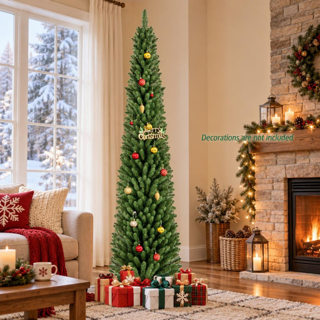 Airfind 8 Feet Pencil Christmas Tree with 671 Memory Wire Branch Tips and Upgraded Metal Stand, PVC Metal Frame, Green