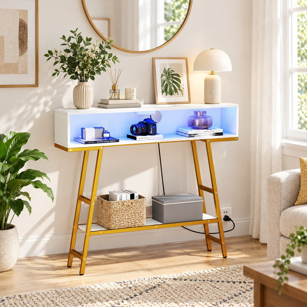 Airfind 40 Console Table with Charging Station and LED Lights, 45 lbs Capacity, Engineered Wood MDF Metal Frame, 40 x 8 x 34 Footprint, White