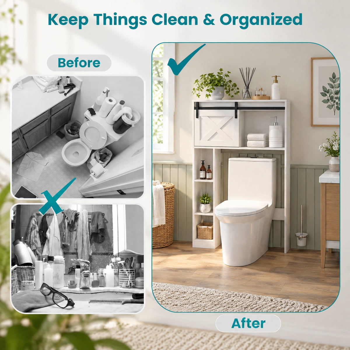 Airfind 4-Tier Over The Toilet Storage Cabinet with Sliding Barn Door and Storage Shelves, 154 lbs Capacity, Engineered Wood MDF Frame, White