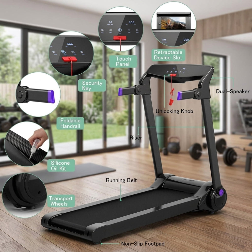 Airfind 3HP Folding Treadmill for Home with Audio Console and Cushioned Deck for Daily Cardio with 242 lb Capacity, Purple