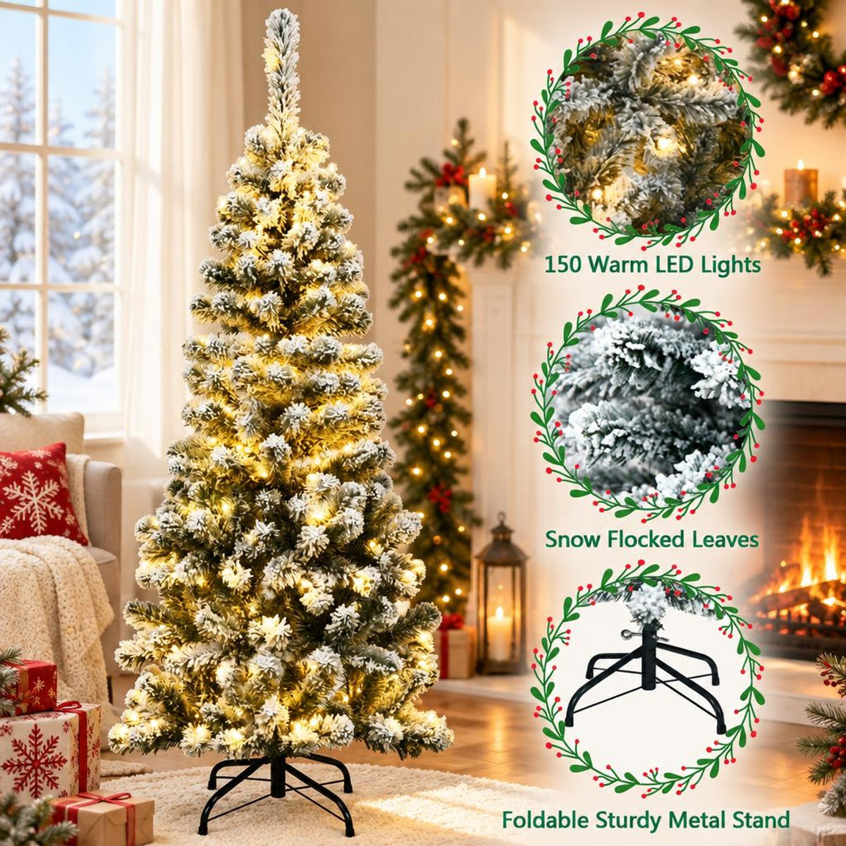 Airfind 4.5 Feet Pre-Lit Snow Flocked Pencil Christmas Tree with 150 LED Light, PVC metal Frame, Net weight 5.5 lbs Height: 4.5 ft Base: