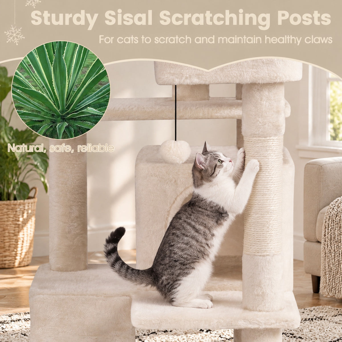 Airfind 52 Inch Tall Cat Tree Tower for Indoor Cats, 22 lbs Capacity, Engineered Wood Sponge Plush Fabric Sisal Frame, Beige