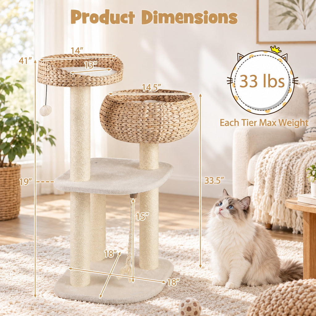 Airfind 41 Inch Rattan Cat Tree with Napping Perch, Water hyacinth straw sisal rope particle board Frame, White