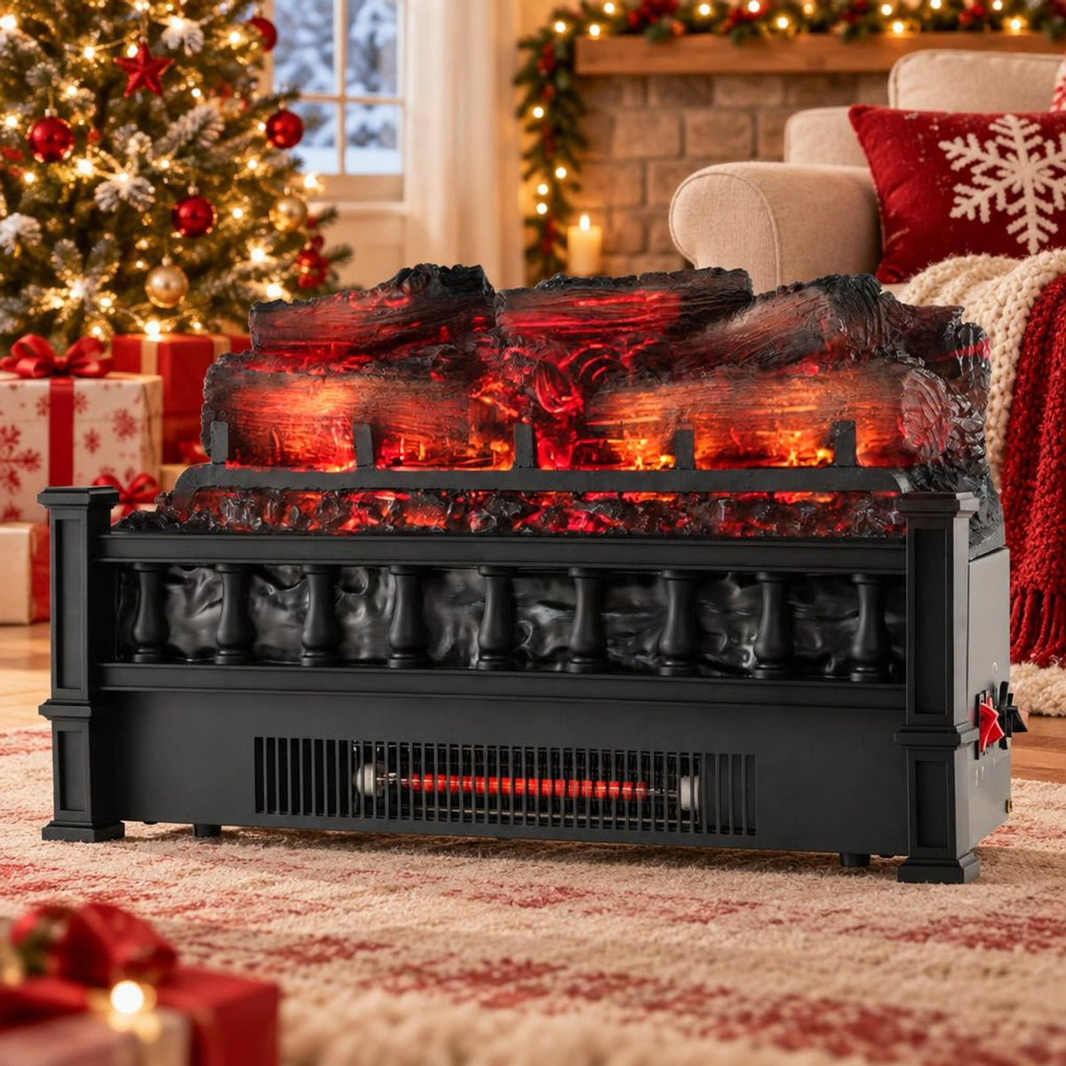 Airfind 20 Inch Electric Fireplace Heater with Realistic Pinewood Ember Bed, Black, Easy to operate with functional control panel