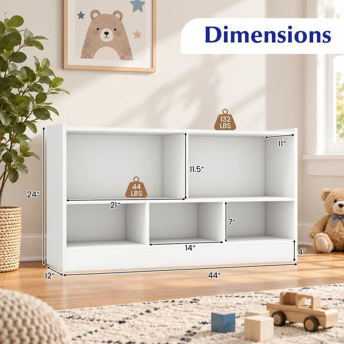 Airfind Kids 5-Cube Bookcase and Toy Storage Organizer, 2-Tier Low Shelf, 44 Inches Wide, for Playroom and Bedroom, White